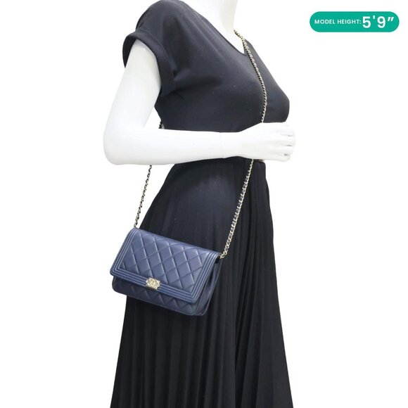 Chanel  Boy Quilted Calfskin Leather Wallet On Chain Crossbody Bag Navy Blue - Picture 2 of 15